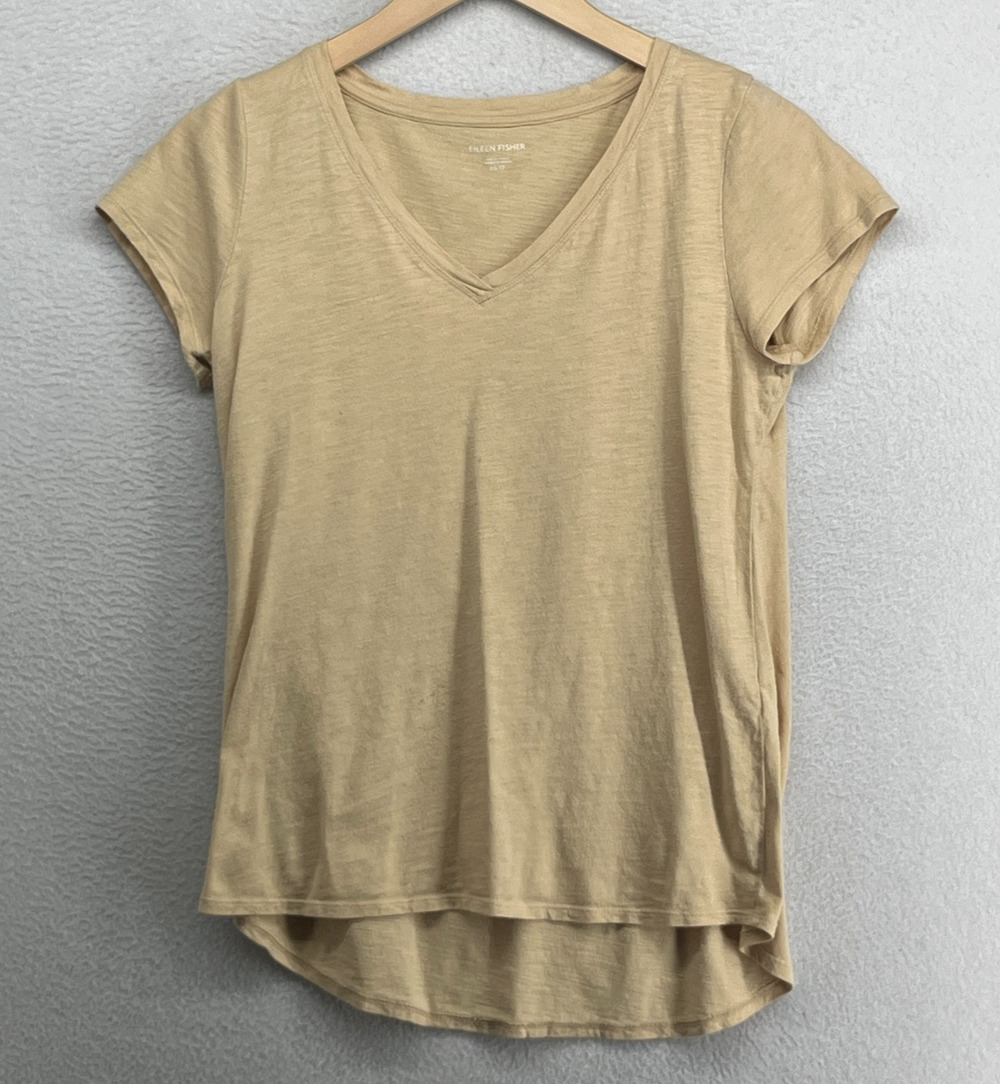 EILEEN FISHER Top XS Slub Organic Cotton Jersey V-Neck Short Sleeve Yellow